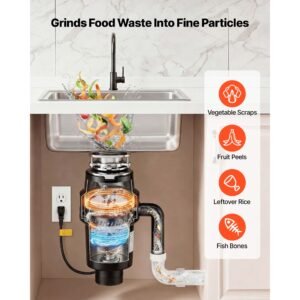 food waste garbage disposal, 1hp 3700rpm dc motor, continuous feed kitchen sink garbage disposer, 3 bolt mount food waste grinding system with splash guard & power cord for kitchens