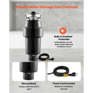 food waste garbage disposal, 1hp 3700rpm dc motor, continuous feed kitchen sink garbage disposer, 3 bolt mount food waste grinding system with splash guard & power cord for kitchens