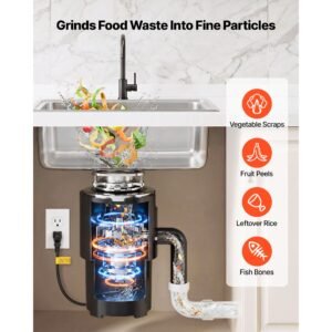 food waste garbage disposal, 3/4hp 1500rpm ac motor, continuous feed kitchen sink garbage disposer, 3 bolt mount food waste grinding system with splash guard & power cord for kitchens