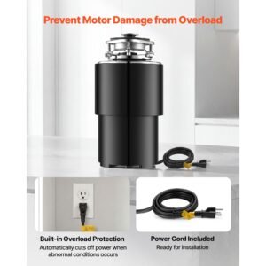 food waste garbage disposal, 3/4hp 1500rpm ac motor, continuous feed kitchen sink garbage disposer, 3 bolt mount food waste grinding system with splash guard & power cord for kitchens