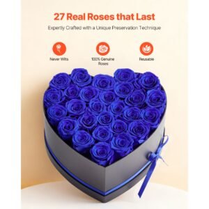 forever flowers, 27 preserved roses in a heart shape box, eternal flowers immortal bouquet birthday present for women her wife mothers, anniversary, valentine's day,christmas, royal blue