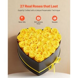 forever flowers, 27 preserved roses in a heart shape box, eternal flowers immortal bouquet birthday present for women her wife mothers, anniversary, valentine's day,christmas, yellow