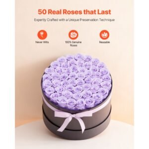 forever flowers, 50 preserved roses in a box, eternal flowers immortal bouquet birthday present for women her wife mothers, anniversary, valentine's day,christmas, lavender purple
