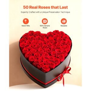 forever flowers, 50 preserved roses in a heart shape box, eternal flowers immortal bouquet birthday present for delivery prime women her wife mothers, anniversary, valentine's day,christmas, red