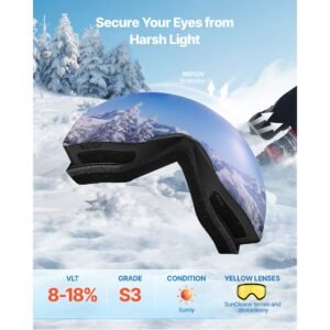 frameless ski goggles, magnet cylindrical lens with dark blue revo coating, otg anti fog snow goggles for men women, tpu frame & ventilation structure, fit for skiing, skating, snowboarding