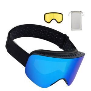 Frameless Ski Goggles, Magnet Cylindrical Lens with Dark Blue Revo Coating, OTG Anti fog Snow Goggles for Men Women, TPU Frame & Ventilation Structure, Fit for Skiing, Skating, Snowboarding
