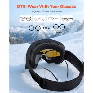 frameless ski goggles, magnet cylindrical lens with dark blue revo coating, otg anti fog snow goggles for men women, tpu frame & ventilation structure, fit for skiing, skating, snowboarding