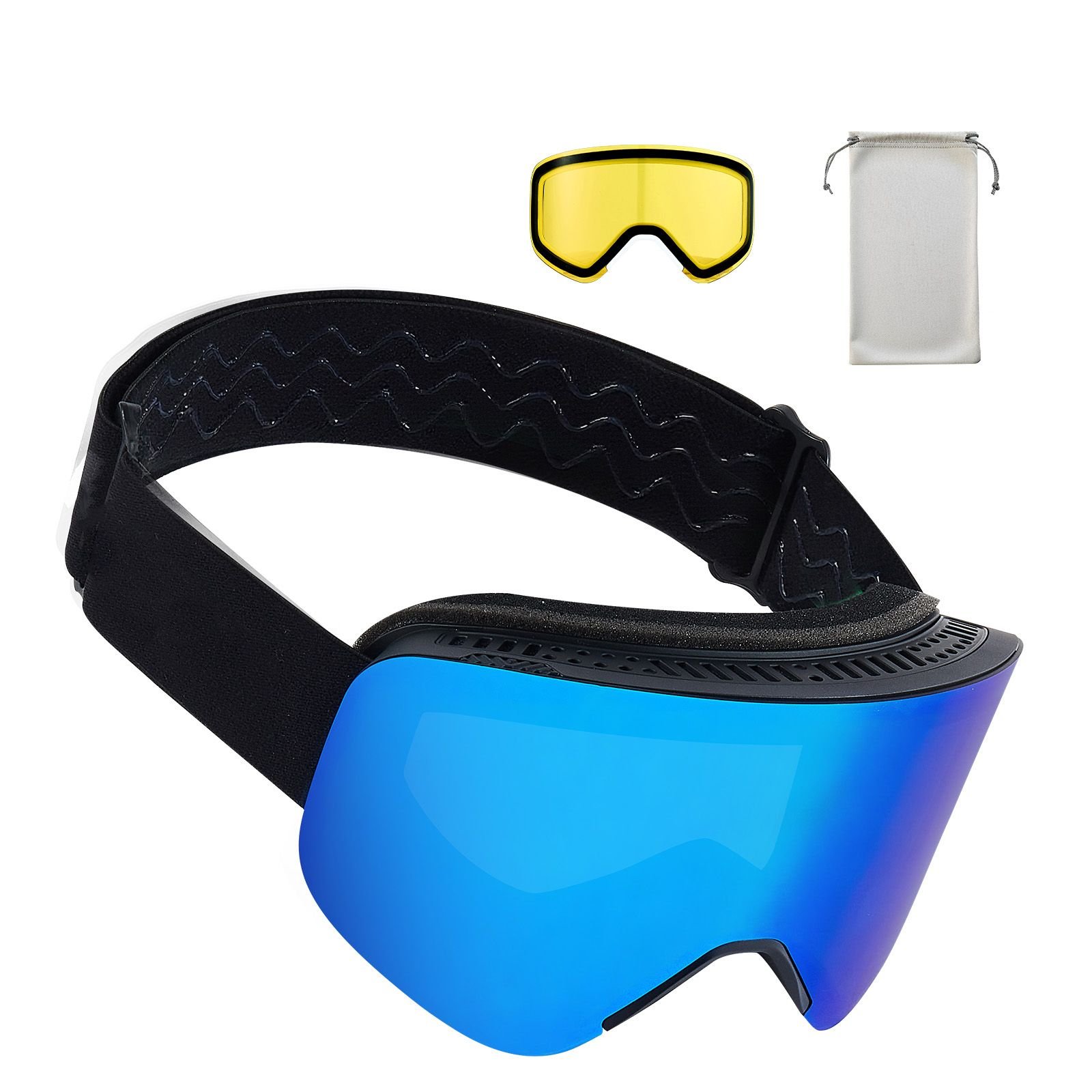 frameless ski goggles, magnet cylindrical lens with dark blue revo coating, otg anti fog snow goggles for men women, tpu frame & ventilation structure, fit for skiing, skating, snowboarding
