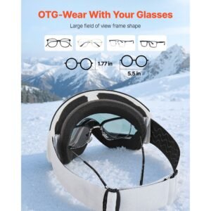 frameless ski goggles, spherical lens with pink revo coating, otg anti fog snow goggles for men women youth, tpu frame & ventilation structure, suitable for skiing, skating, snowboarding