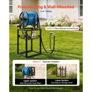 freestanding garden hose reel, holds 125 feet of 5/8 inch hose, wall mount or ground mount, detachable holder stand with storage rack, 5 ft leader hose, brass fitting, 4 spikes, for backyards