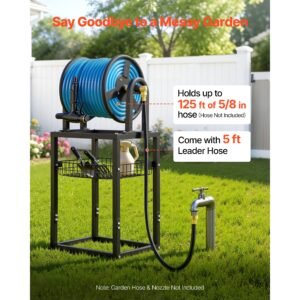 freestanding garden hose reel, holds 125 feet of 5/8 inch hose, wall mount or ground mount, detachable holder stand with storage rack, 5 ft leader hose, brass fitting, 4 spikes, for backyards