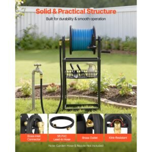 freestanding garden hose reel, holds 125 feet of 5/8 inch hose, wall mount or ground mount, detachable holder stand with storage rack, 5 ft leader hose, brass fitting, 4 spikes, for backyards