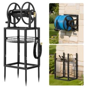 Freestanding Garden Hose Reel, Holds 125 Feet of 5/8-inch Hose, Wall Mount or Ground Mount, Detachable Holder Stand with Storage Rack, 5 ft Leader Hose, Brass Fitting, 4 Spikes, for Backyards