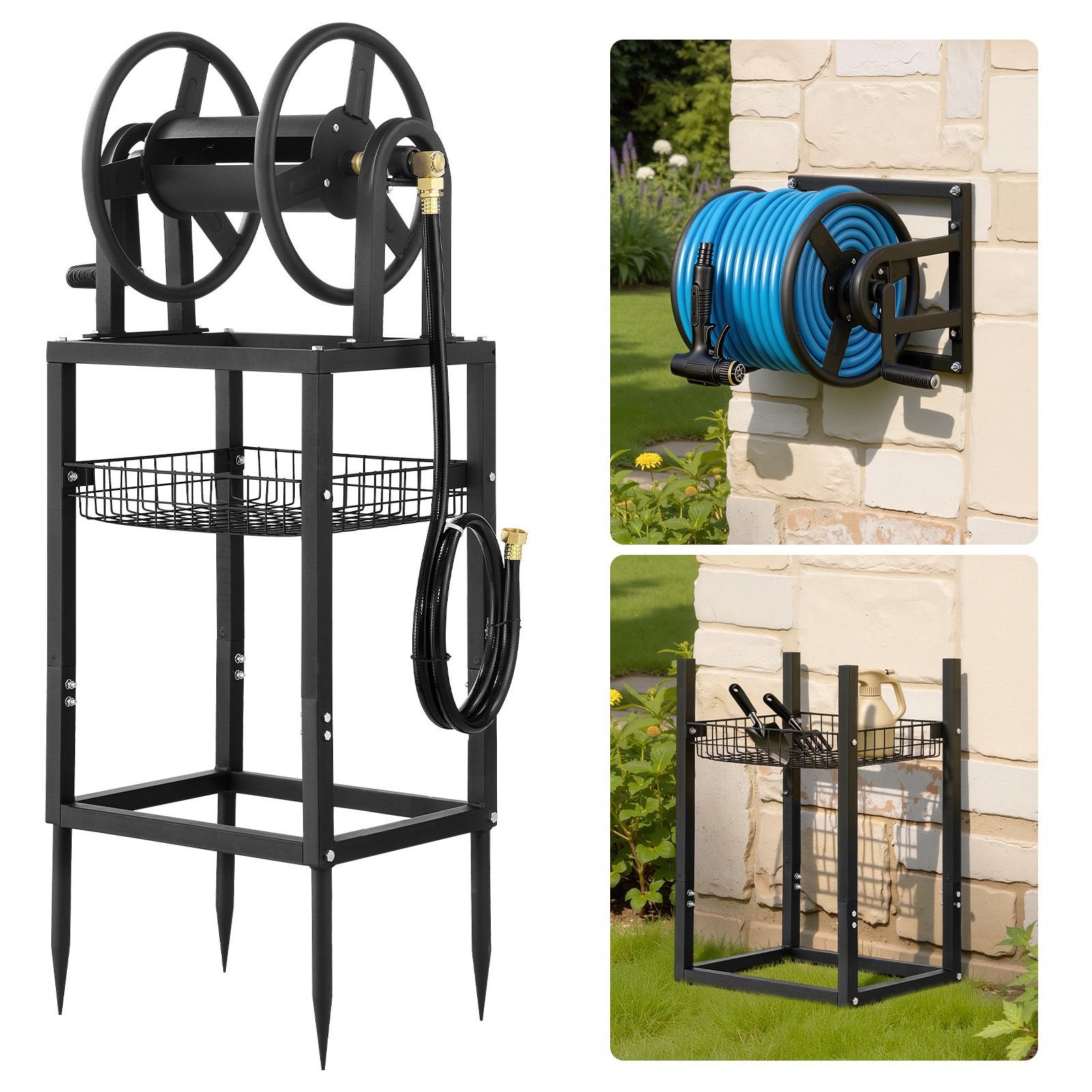 freestanding garden hose reel, holds 125 feet of 5/8 inch hose, wall mount or ground mount, detachable holder stand with storage rack, 5 ft leader hose, brass fitting, 4 spikes, for backyards