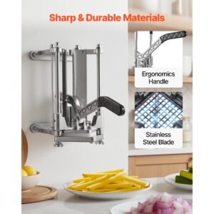 french fry cutter, commercial vegetable chopper with 4 blades 1/4", 3/8", 6 wedge slicer & apple corer wall mount stainless steel potato cutter, for home & restaurant use