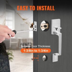 front door handle, square entry handle set with lever, no lock, adjustable hole space, zinc alloy die casting, reversible for right and left handed entrance and front doors, satin nickel