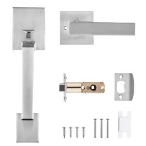 Front Door Handle, Square Entry Handle Set with Lever, No Lock, Adjustable Hole Space, Zinc Alloy Die-Casting, Reversible for Right and Left Handed Entrance and Front Doors, Satin Nickel