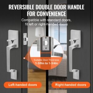 front door handle, square entry handle set with lever, no lock, adjustable hole space, zinc alloy die casting, reversible for right and left handed entrance and front doors, satin nickel
