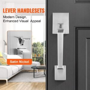 front door handle, square entry handle set with lever, no lock, adjustable hole space, zinc alloy die casting, reversible for right and left handed entrance and front doors, satin nickel