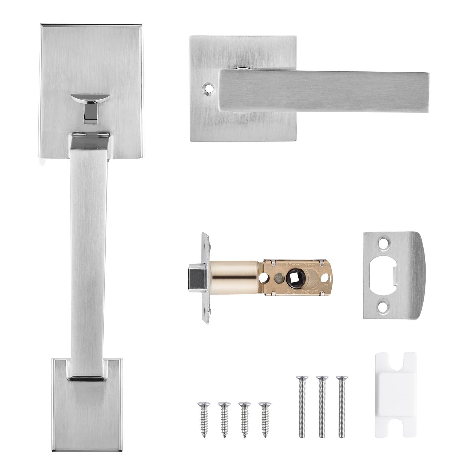 front door handle, square entry handle set with lever, no lock, adjustable hole space, zinc alloy die casting, reversible for right and left handed entrance and front doors, satin nickel