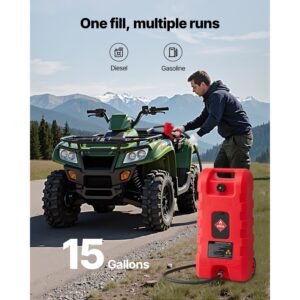 fuel caddy, 15 gallon, portable fuel tank with gravity & hand pump modes, fuel tank container with wheels, 10 ft delivery hose & manual pump, gas caddy for motorboats, atvs, gasoline & diesel