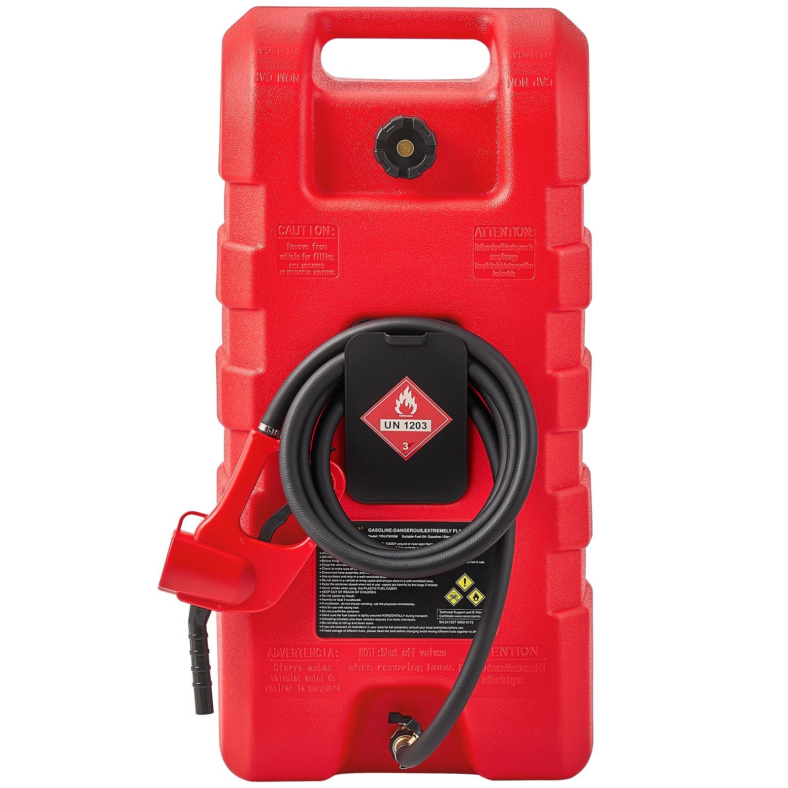 fuel caddy, 15 gallon, portable fuel tank with gravity & hand pump modes, fuel tank container with wheels, 10 ft delivery hose & manual pump, gas caddy for motorboats, atvs, gasoline & diesel