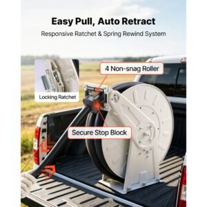 fuel hose reel, 1 inch x 33 ft retractable, spring driven auto swivel rewind, 300 psi, heavy duty carbon steel construction with industrial grade rubber hose, for diesel fuel, kerosene