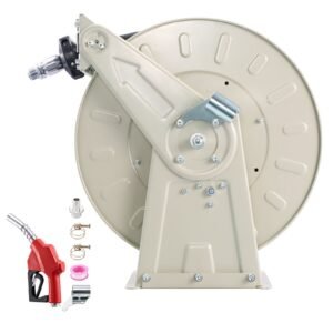 Fuel Hose Reel, 1 inch x 33 ft Retractable, Spring Driven Auto Swivel Rewind, 300 PSI, Heavy-Duty Carbon Steel Construction with Industrial Grade Rubber Hose, for Diesel Fuel, Kerosene