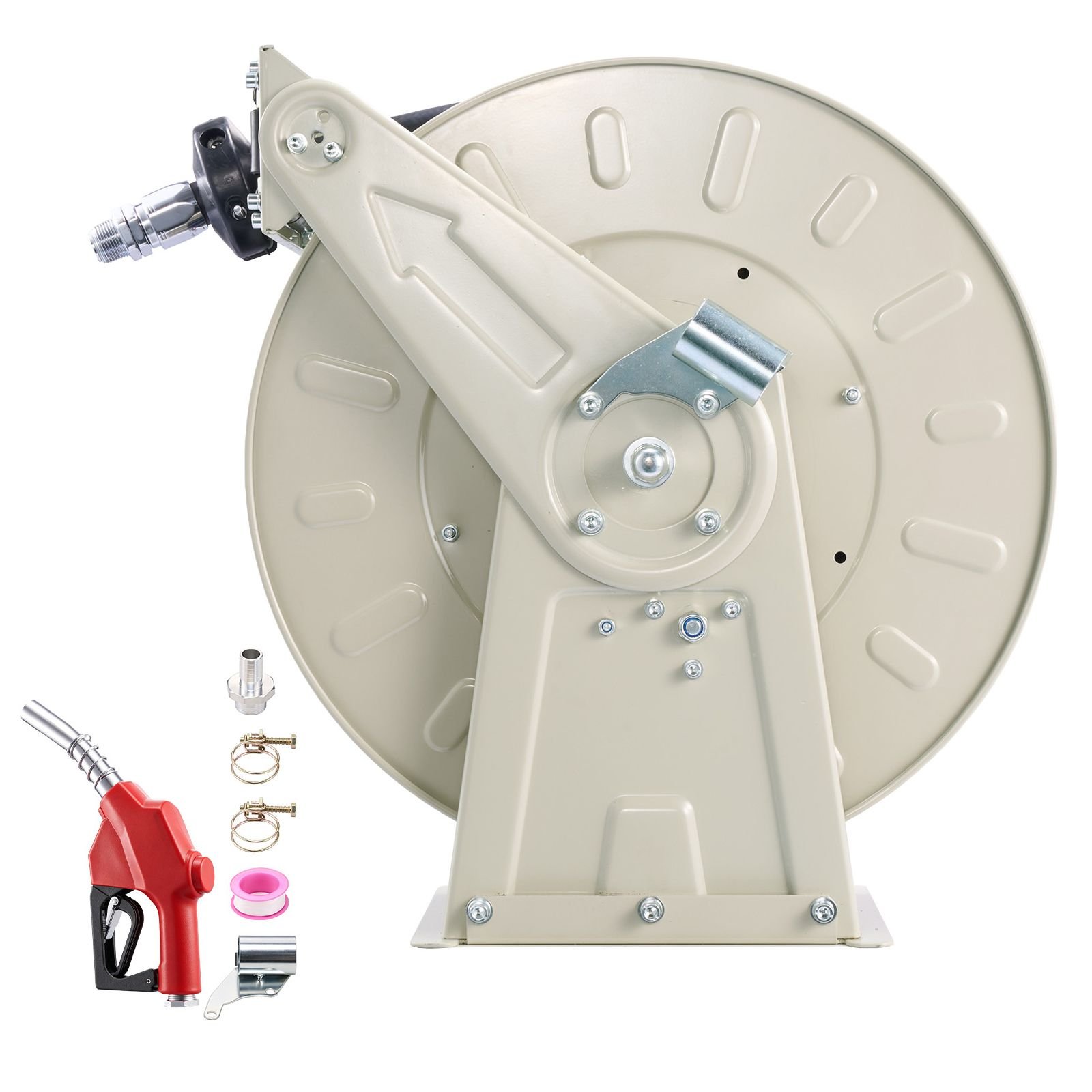 fuel hose reel, 1 inch x 33 ft retractable, spring driven auto swivel rewind, 300 psi, heavy duty carbon steel construction with industrial grade rubber hose, for diesel fuel, kerosene