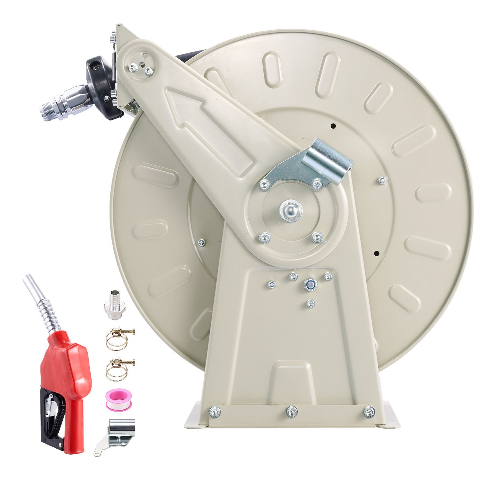 fuel hose reel, 3/4 inch x 50 ft retractable, spring driven auto swivel rewind, 300 psi, heavy duty carbon steel construction with industrial grade rubber hose, for diesel fuel, kerosene