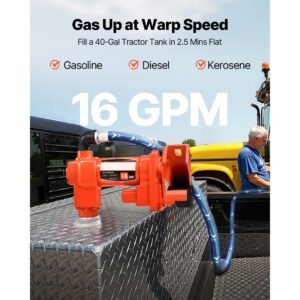 fuel transfer pump, 12v dc 16 gpm 1/4 hp diesel pump, extractor pumps with manual nozzle, discharge hose and suction pipe, for gasoline, diesel, kerosene, ethanol methanol blends & biodiesel