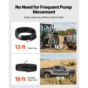 fuel transfer pump, 12v dc 16 gpm 1/4 hp diesel pump, extractor pumps with manual nozzle, discharge hose and suction pipe, for gasoline, diesel, kerosene, ethanol methanol blends & biodiesel