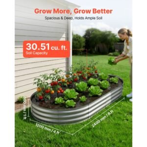 galvanized raised garden bed, 8 x 4 x 1 ft, oval metal planter box kit outdoor, bottomless elevated garden box with gloves, rustproof alu zinc, for planting flowers fruits vegetables, silver