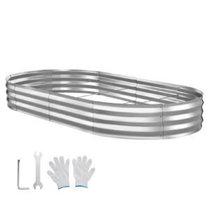 Galvanized Raised Garden Bed, 8 x 4 x 1 ft, Oval Metal Planter Box Kit Outdoor, Bottomless Elevated Garden Box with Gloves, Rustproof Alu-Zinc, for Planting Flowers Fruits Vegetables, Silver