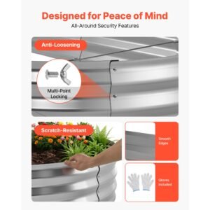 galvanized raised garden bed, 8 x 4 x 1 ft, oval metal planter box kit outdoor, bottomless elevated garden box with gloves, rustproof alu zinc, for planting flowers fruits vegetables, silver