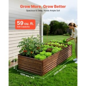 galvanized raised garden bed, 8 x 4 x 2 ft, rectangular metal planter box kit outdoor, bottomless elevated planting box with gloves, alu zinc, for growing flowers vegetables, deep wood grain