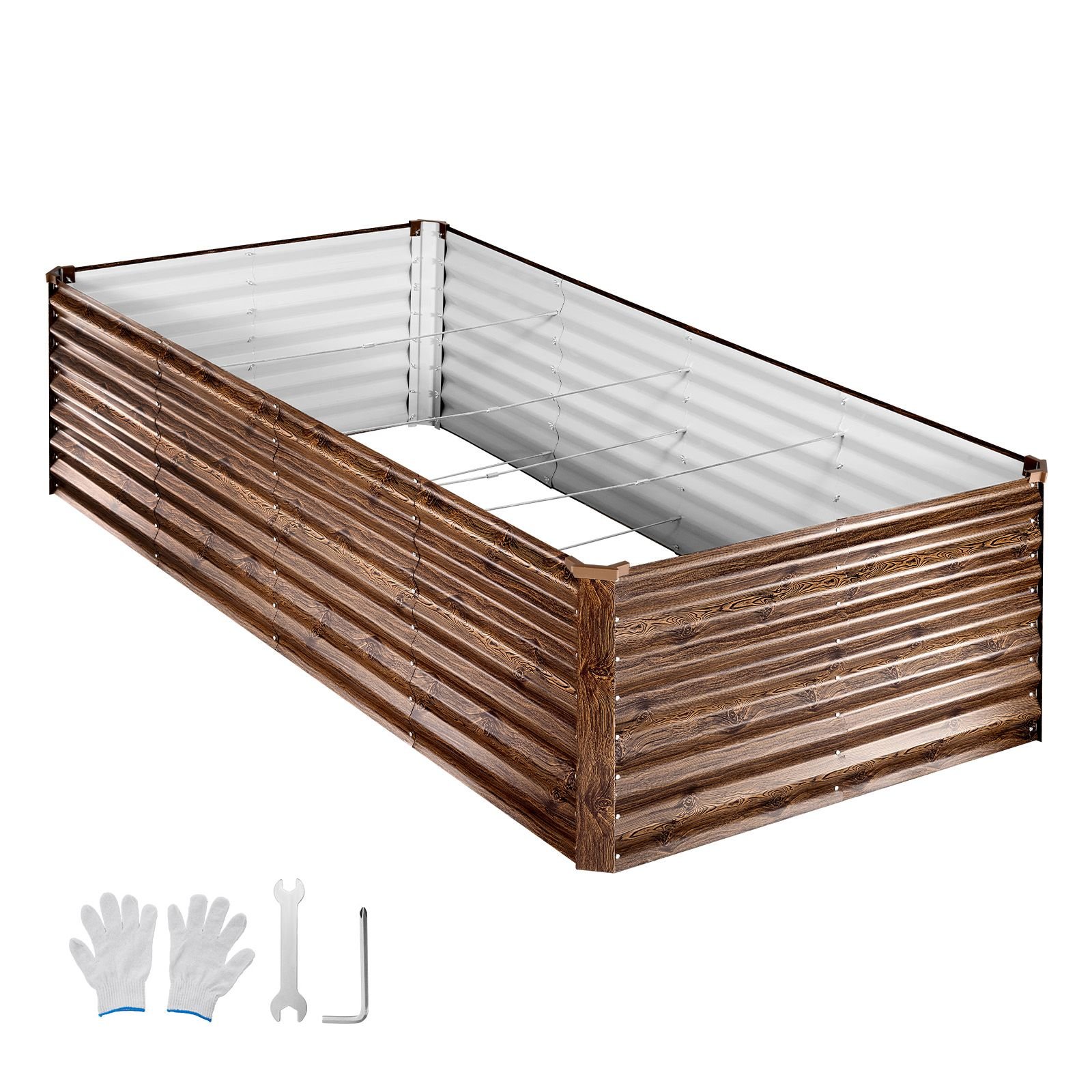 galvanized raised garden bed, 8 x 4 x 2 ft, rectangular metal planter box kit outdoor, bottomless elevated planting box with gloves, alu zinc, for growing flowers vegetables, deep wood grain