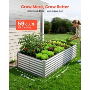 galvanized raised garden bed, 8 x 4 x 2 ft, rectangular metal planter box kit outdoor, bottomless elevated planting box with gloves, rustproof alu zinc, for growing flowers vegetables, silver