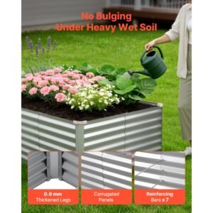 galvanized raised garden bed, 8 x 4 x 2 ft, rectangular metal planter box kit outdoor, bottomless elevated planting box with gloves, rustproof alu zinc, for growing flowers vegetables, silver