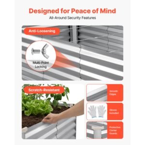 galvanized raised garden bed, 8 x 4 x 2 ft, rectangular metal planter box kit outdoor, bottomless elevated planting box with gloves, rustproof alu zinc, for growing flowers vegetables, silver