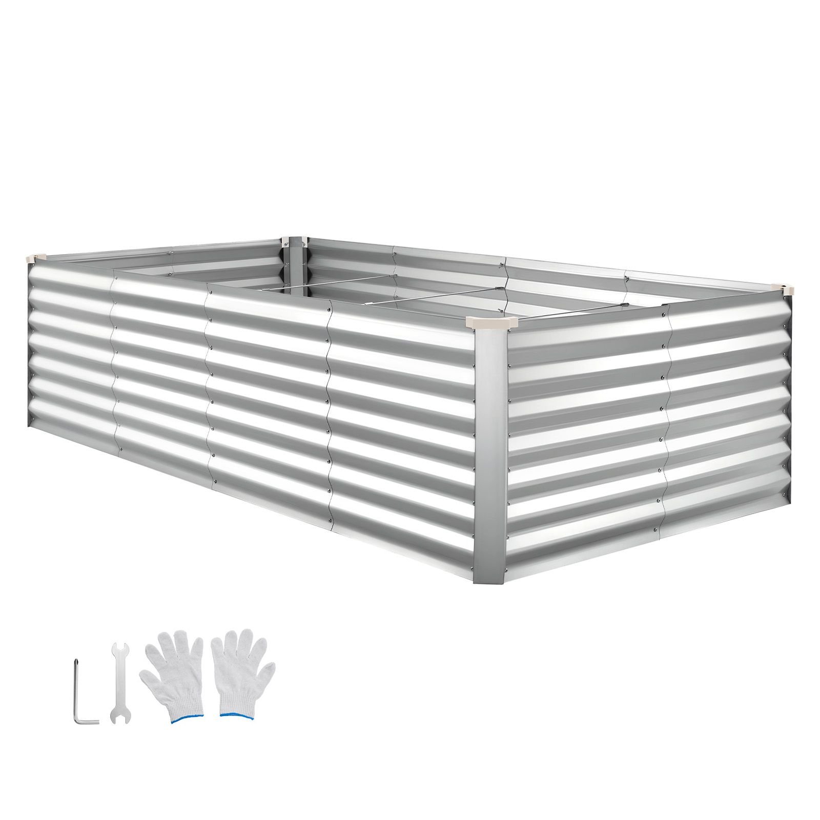 galvanized raised garden bed, 8 x 4 x 2 ft, rectangular metal planter box kit outdoor, bottomless elevated planting box with gloves, rustproof alu zinc, for growing flowers vegetables, silver