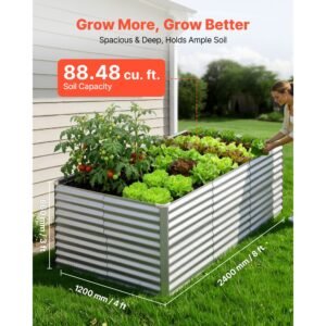 galvanized raised garden bed, 8 x 4 x 3 ft, rectangular metal planter box kit outdoor, bottomless elevated planting box with gloves, rustproof alu zinc, for growing flowers vegetables, silver