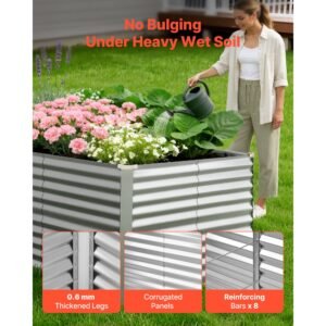 galvanized raised garden bed, 8 x 4 x 3 ft, rectangular metal planter box kit outdoor, bottomless elevated planting box with gloves, rustproof alu zinc, for growing flowers vegetables, silver