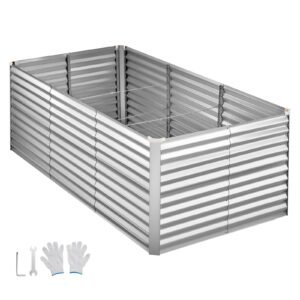 Galvanized Raised Garden Bed, 8 x 4 x 3 ft, Rectangular Metal Planter Box Kit Outdoor, Bottomless Elevated Planting Box with Gloves, Rustproof Alu-Zinc, for Growing Flowers Vegetables, Silver