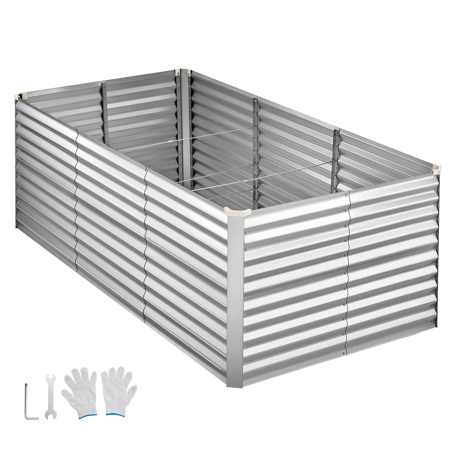 galvanized raised garden bed, 8 x 4 x 3 ft, rectangular metal planter box kit outdoor, bottomless elevated planting box with gloves, rustproof alu zinc, for growing flowers vegetables, silver