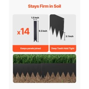 galvanized steel landscape edging, 12 pack 40 x 8 inch metal edging for landscaping with 14 mounting clips, heavy duty metal garden edge border for flower bed, yard pathway, black