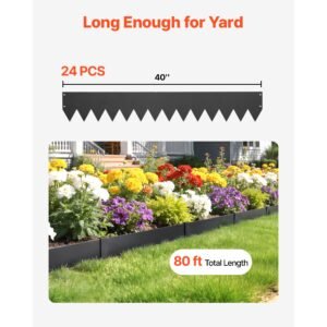 galvanized steel landscape edging, 24 pack 40 x 6 inch metal edging for landscaping with 26 mounting clips, heavy duty metal garden edge border for flower bed, yard pathway, black