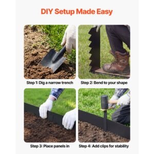 galvanized steel landscape edging, 24 pack 40 x 6 inch metal edging for landscaping with 26 mounting clips, heavy duty metal garden edge border for flower bed, yard pathway, black