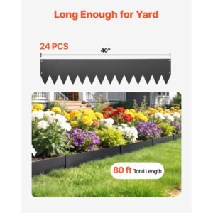 galvanized steel landscape edging, 24 pack 40 x 8 inch metal edging for landscaping with 26 mounting clips, heavy duty metal garden edge border for flower bed, yard pathway, black