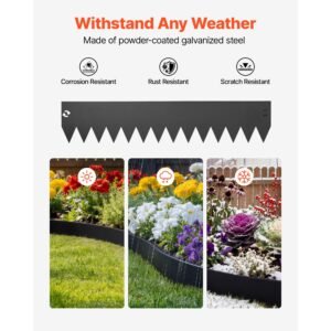 galvanized steel landscape edging, 6 pack 40 x 8 inch metal edging for landscaping with 6 mounting clips, bendable metal garden edge border for flower bed, yard pathway, black
